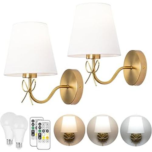 TREELAND Antique Brass Bow Wall Sconces with 110V Dimmable Remote Bulb, 3 Color Tempture, Timmer Function, Hardwire or Plug-in Cord Set of Two Vintage Gold Wall Lamp Light for Bedroom Living Room