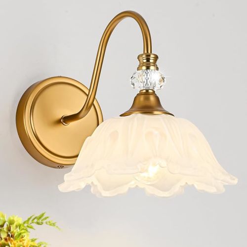 1 Piece Vintage Wall Sconce with Floral White Glass Shade, Matte Brass Finish Wall Sconce for Bathroom, Vintage Bathroom Vanity Light Fixture