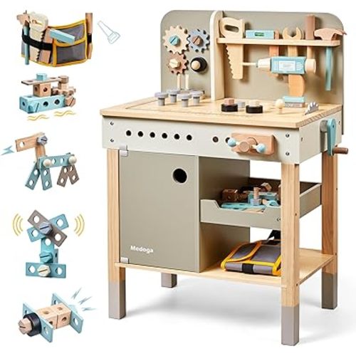 Kids Tool Bench,Wooden Play Tools Set with Kids Tool Belt Toddlers Workbench Pretend Construction Tools Set Wooden Toy Drill Gift for Boys & Girls Age 3-5