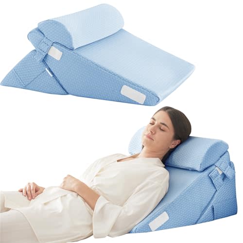 Bedluxe 3Pcs Orthopedic Bed Wedge Pillow Set, Foam Wedge Pillow Post Surgery for Back, Leg and Knee Support, Adjustable 9&12 Inch Folding Triangle Pillow for Sleeping, Acid Reflux, Snoring, Light Blue