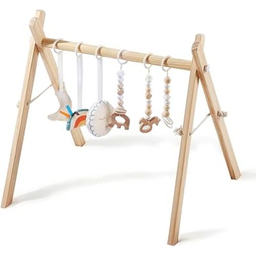 little dove Foldable Wooden Play Gym with 6 Toys - Infant Activity Gym for Baby Girls and Boys with Hanging Bar - Montessori Newborn Gift