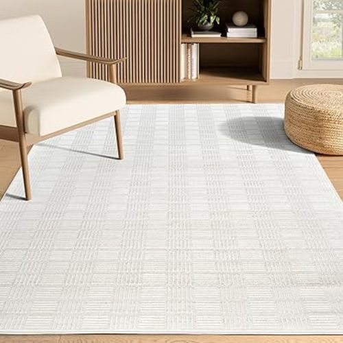 Abani Cream Large Area Rug – 8x10 area rugs for bedroom – Vera Collection – Checkered Minimalist Pattern – NonShedding,Easy to Clean–Durable rugs for Living Room,Bedroom or Office,Pet & Child Friendly
