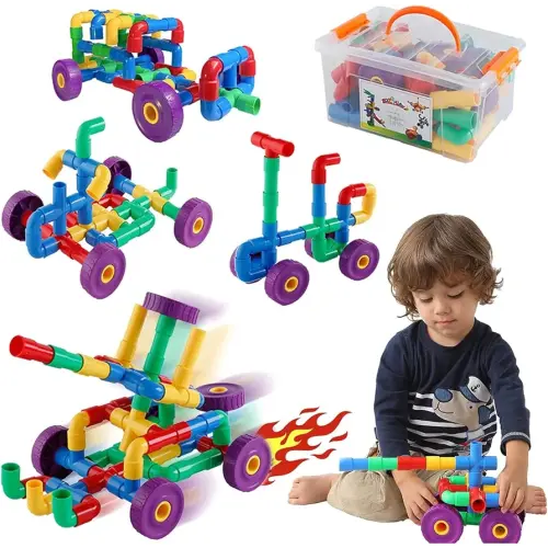ZOZOPLAY STEM Learning Toy Tubular Pipes & Spouts & Joints 64 Piece Build Bicycle, Tank, Scootie, Moter Skills Endless Designs Educational Building Blocks Set for Kid Ages 3+ Multicolor