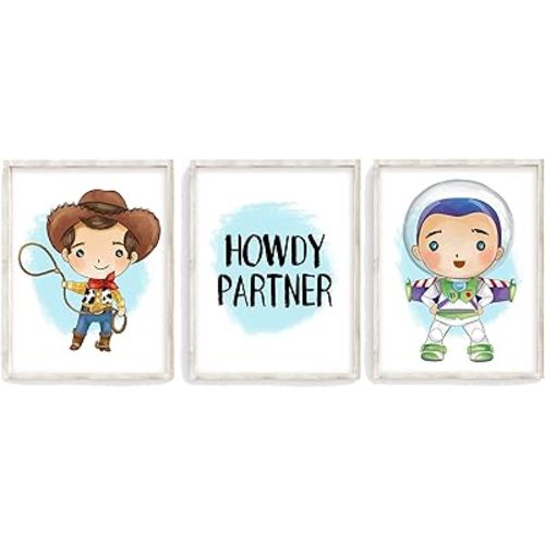 Howdy Partner Toy Story Woody and Buzz Quotes Watercolor Nursery Little Boys or Girls Room Set of 3 Unframed Prints