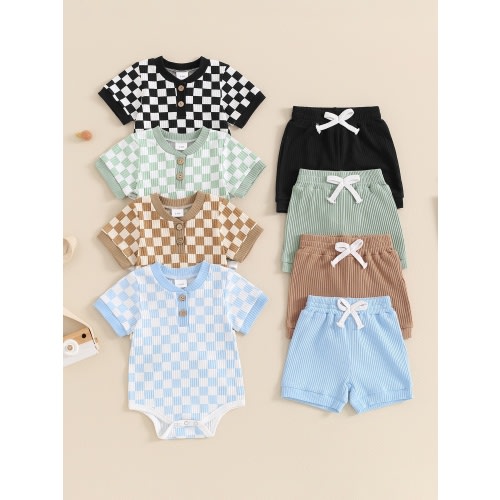 baby boys summer outfits checkerboard buttons short sleeve - Temu