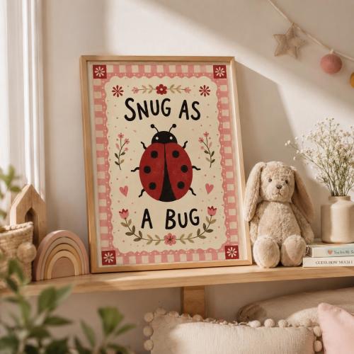 Ladybug Nursery Art Print, Bug Themed Nursery, Snug as a Bug Print, Kids Playroom for Boy, Aesthetic Preppy Art, Nursery Toddler Decor