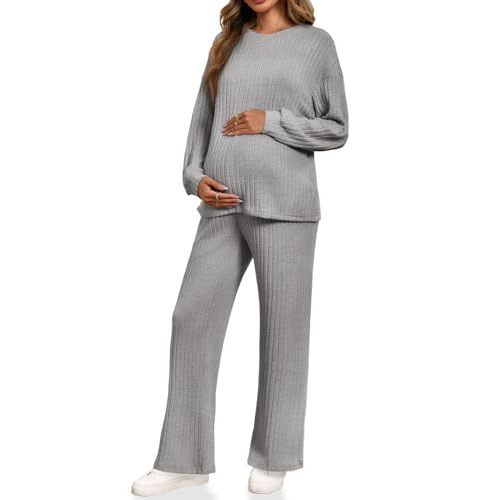 Yousify Womens Maternity Pajamas Sets 2 Piece Outfits Ribbed Knit Long Sleeve Tops Pants Loungewear Mama Clothes