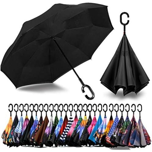 49/56 Inch Inverted Reverse Upside Down Umbrella, Extra Large Double Canopy Vented Windproof Waterproof Stick Golf Umbrellas with C-shape Handle.