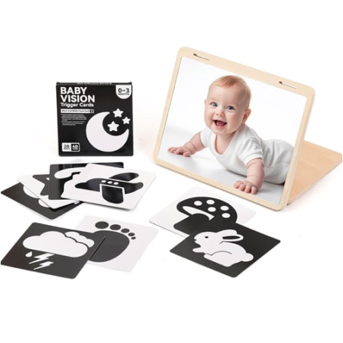 Tummy Time Play Set Adjustable Angle, Double-Sided Design, Montessori Tummy Time Toys Large Baby Safe Mirror and Card Display Stand with Black and White High Contrast Baby Cards