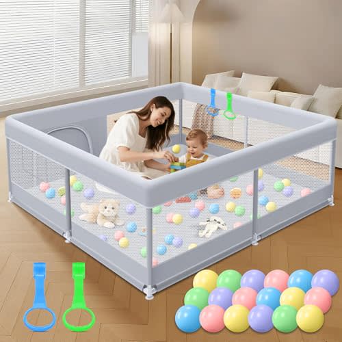 XVISHX Baby Playpen 50 x 50 Inch Play Pen Playards, Playpen for Babies and Toddlers, Baby Playard for Indoor & Outdoor Active Center Game Fence, with Skin-Friendly Fabric and Soft Breathable Mesh Grey