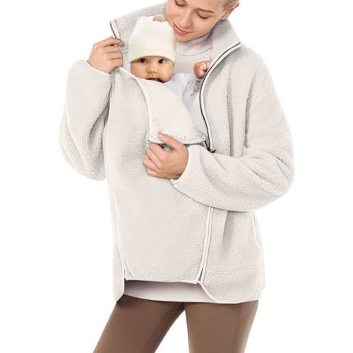qvdvap Women's Fleece Jacket with Baby Carrier Pocket, Warm Maternity Coat for Mom, Zip up 2-in-1 Baby Wearing Outerwear