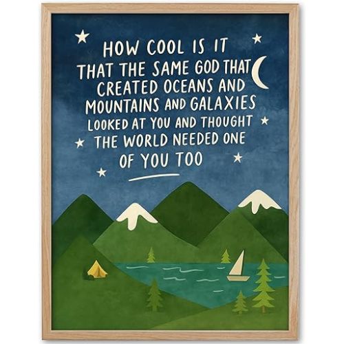 KensTro Natural OAK Wood Same God Creation Framed Wall Art,12x16in Inspirational Christian Bible Verse Canvas Art,Mountain Nursery Decor,Blue Set of 1 for Christian Boys Room for Boy Adoption Gifts