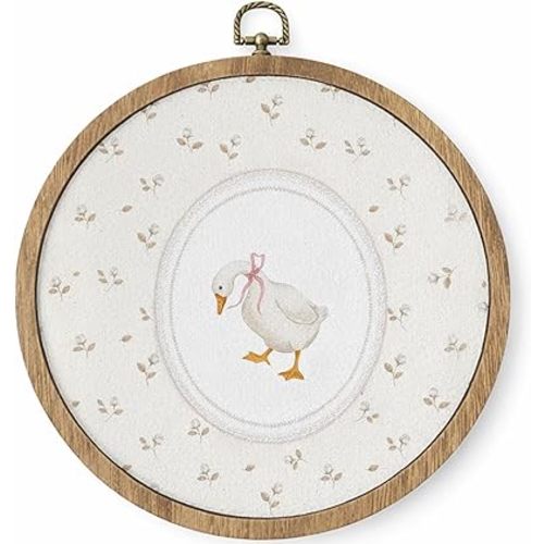 HYKDFMNCJ Rustic Floral Pink Bow Goose Round Framed Wall Art, Vintage Cottagecore Flower Goose Wall Hanging Canvas Prints Artwork Decorations for Girls Room Nursery Playroom, 10x10 Inch
