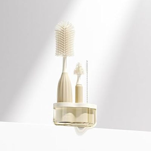Baby Bottle Brush Kit with Push-Press Bubble and Drying Rack for Bottle Cleaning, Bendable Bottle Cleaner Brush for Baby Bottles, Breast Pumps, Nipples, Straws and More. Perfect for Home&Travel (Pink)