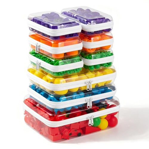 9 pcs Zipper Pouches Nesting Set, Hard Shell Toiletry Bag, Stackable Travel Organizer, Cosmetic Bags, Transparent Diaper Bag, Storage Cases (1 Tall M + 2M + 6S)