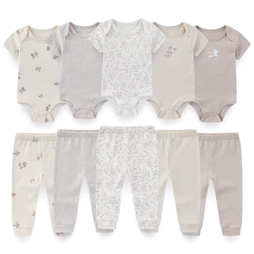 Newborn Baby 10-Piece Cotton Layette Set Short Sleeve Bodysuits and Pants Unisex Baby Clothes Gift Sets