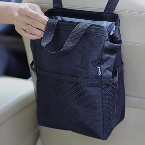 Ginsco New Leak-Proof Travel Trash Bag, Hanging Car Trash Can with Hook and Loop Lid and Handle, Multipurpose Trash Bin with Storage Pockets for Car SUV Truck RV Camping 2 Gallons, Black