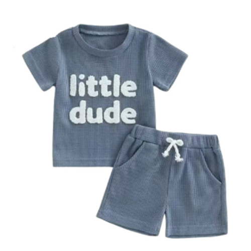 TOWED22 Summer Clothes Infant Baby Toddler Boy 2 Piece Short Sleeve Embroidered Letter Print Shirt Tee Pull On Shorts(Blue,6-12M)