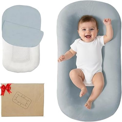 Lucakuins Baby Lounger, Bionic Design Baby Lounger for Newborn 0-24 Months, Soft Organic Cotton Breathable Lounger for Infants (Grayish Blue Baby Lounger)
