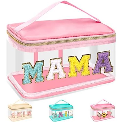 Chenille Letter Clear Makeup Bags Mama Pouch, Preppy Patch Makeup Bag Zipper with Handle, Transparent PVC & Nylon Waterproof Glitter Cosmetic Handbag Travel Toiletry Storage for Women Girl(MAMA-Pink)