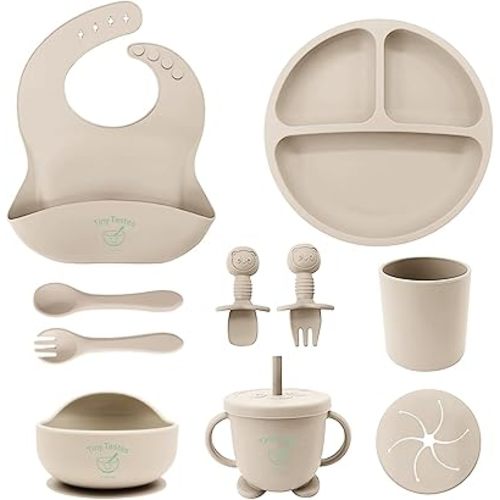 10-Piece Baby Feeding Set – BPA-Free, Spill-Proof Suction Plate, Bowl, Bib, Snack Cup & Utensils | Dishwasher Safe, Baby Gift Ready (Beige)