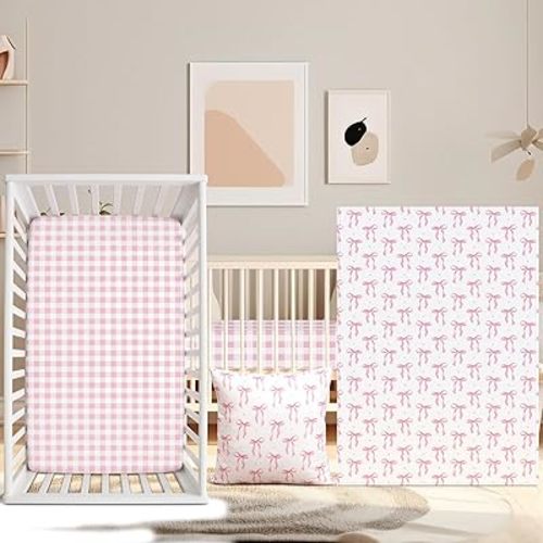 3 Pcs Pink Crib Bedding Sets for Girls Pink Grid Sheet Bow Soft Blanket Pillowcase Coquette Toddler Comforter Set for Newborns Baby Girls Bedroom Nursery Gifts