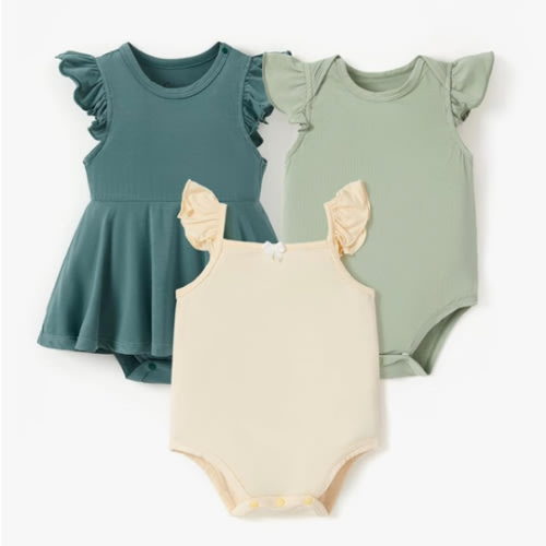 PATPAT Baby Girl Bodysuits - Soft Bamboo Viscose - Flutter Sleeves Cute Dress - Newborn Infant Summer Clothes - 3 Pack