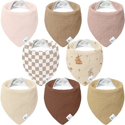 Lulumoon Lot de 8 bavoirs bandana en mousseline 100 % coton pour la dentition et la bave - Marron