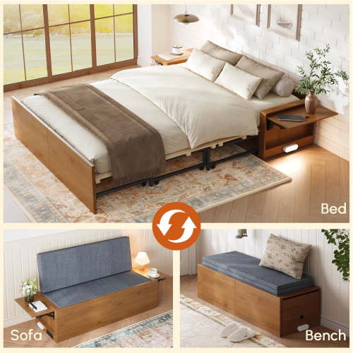 Full Murphy Bed with Mattress,Full Size Cabinet Bed with Folding Nightstand and Charging Station & LED Light,Multifunctional Space-Saving Wall Bed for Bedroom, Guest Room,Office,Brown
