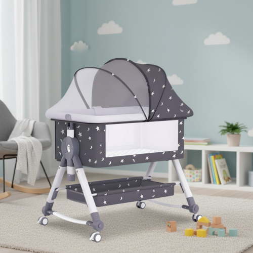 YYUAN Foldable Adjustable Baby Bassinet with Changing Table & Mosquito Net - Portable Bedside Crib (Galaxy Gray)