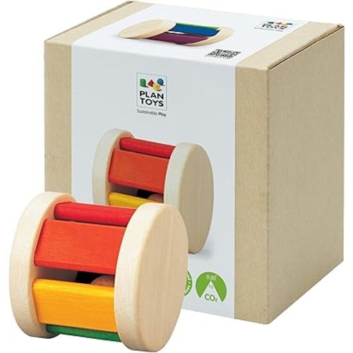 PlanToys® Wooden Roller Rattle Toy for Babies | Montessori Baby Sensory Toy with Gentle Sound | Eco-Friendly Crawling & Motor Skill Toys for Infants