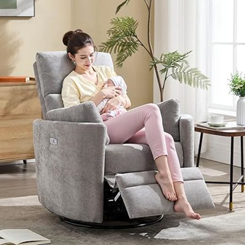 Power Recliner,Nursery Swivel Glider Rocking Chair with USB Port,Upholstered Adult Recliner Nursery Rocker Chair with 2 Pillows for Living Room Bedroom Nursery(Lightgrey, Power-Driven)