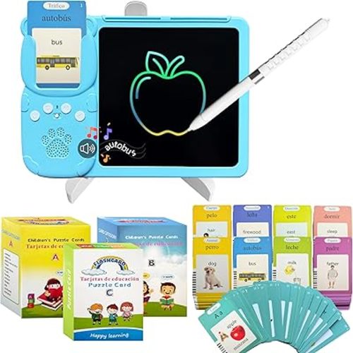 Spanish&English Talking Flash Cards for Toddlers - LCD Writing Tablet Kids - Drawing Tablet Toddler Toys 510 Sight Words Learning Montessori - Autism & Speech Therapy Toys - Kindergarten Gifts (Blue)