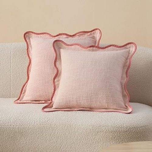 Double Stitch 100% Cotton Scalloped Throw Pillow Covers, Shell Pink