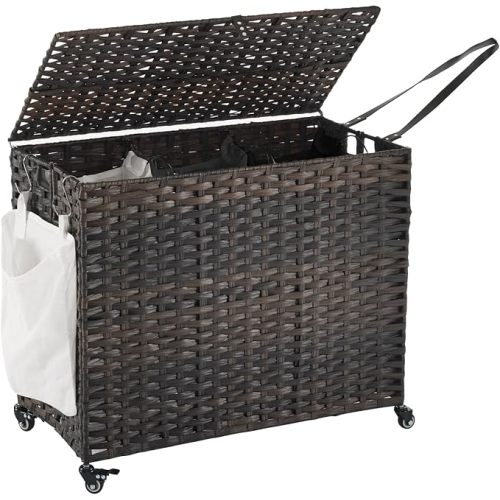 Laundry Hamper with Wheels, 52.8 Gallon(200L) Rolling Laundry Basket with Lid, Removable Large 3 Color Liners & 3 Mesh Laundry Bags, Clothes Hamper with Side Pocket, Brown