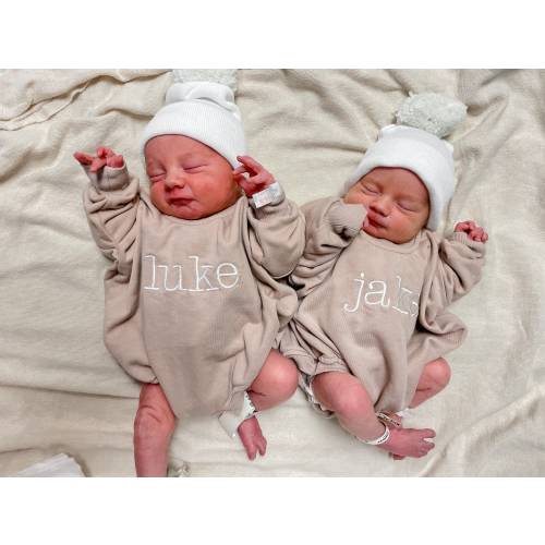 Embroidered Oversized Sweatshirt Bubble Romper - Infant Baby Toddler Name Sweater- Personalized Coming Home Outfit TAN