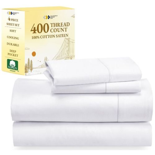 Cream White Queen Sheet Set - 100% Cotton Sateen Weave, 400 Thread Count Cooling Sheets, Deep Pocket 4 Piece Soft Bedding - California Design Den