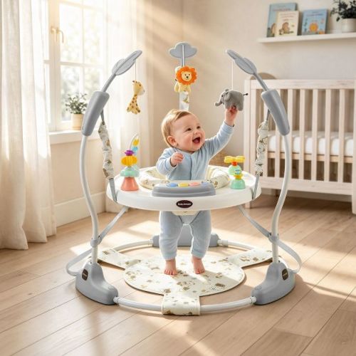 TODECARE 3-in-1 Baby Activity Jumper – 360° Rotating Seat, 3-Level Adjustable Height, Interactive Toys, Removable Foot Mat, Gray
