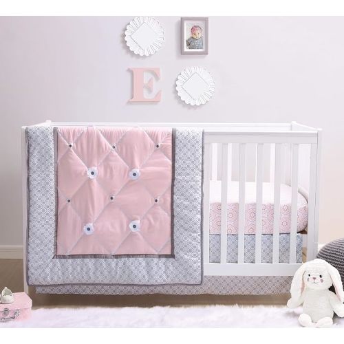 The Peanutshell New Moon 3-Piece Baby Girl Crib Bedding Set - Pink Nursery Quilt Comforter, Sheet & Skirt - Baby Crib Bedding Set Girl for Newborn & Toddler