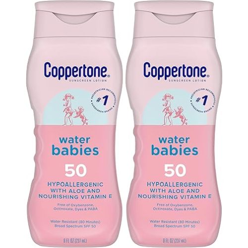 Coppertone WaterBabies Baby Sunscreen Lotion SPF 50, Hypoallergenic Sunscreen for Babies, Water Resistant, Pediatrician Recommended, 8 Fl Oz Bottle (Pack of 2)