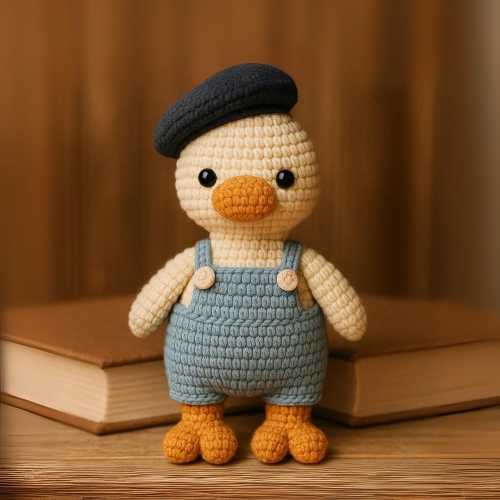Handmade crochet goose plush, amigurumi duck stuffed toy, cute goose doll with hat and overalls, farmhouse crochet animal, unique plush gift