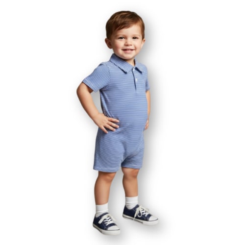 Blank Boy's Short Sleeved Polo Style Collared Romper - Striped