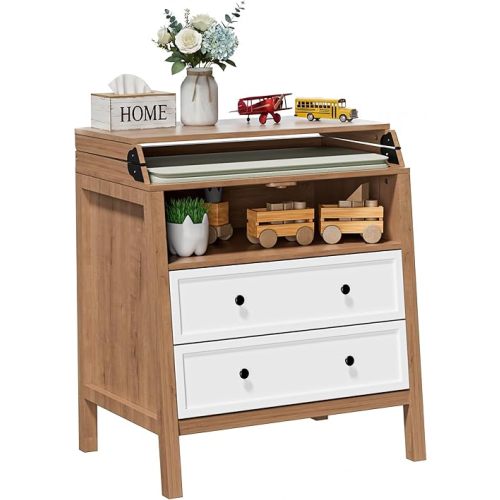 UbabyNest Baby Changing Table with Foldable Tabletop, Baby Dresser with 2 Wide Drawers & Open Storage Space, Modern Diaper Changing Station, Perfect for Nursery,White& Wood (Pad Not Included)