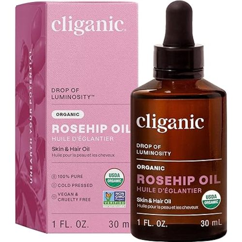 Cliganic Organic Rosehip Seed Oil for Face, 100% Pure | Natural Cold Pressed Unrefined Non-GMO | Carrier Oil for Skin, Hair & Nails