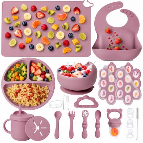 19 Pcs Silicone Baby Feeding Set Eating Essentials for Newborn | Toddler Plates and Bowls Set with Bib Sippy Cup Fruit Feeder Freezer Tray Fork & Spoon Infant Led Weaning Supplies Utensils