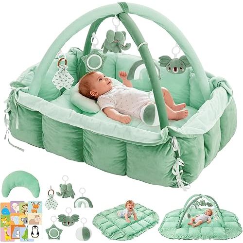 5-in-1 Baby Play Gym and Tummy Time Mat, Tummy Time Pillow & 12 Learning Cards, Plush Activity Mat with 6 Toys, Baby Gym, Convertible to Ball Pit, Baby Gift, Sage Green