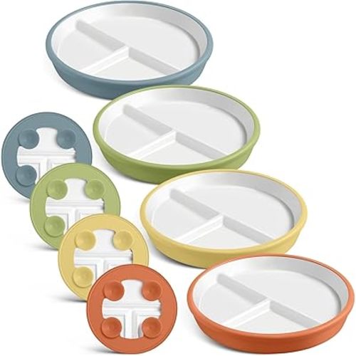 Domensi 8" Porcelain Kids Plates with Anti-slip Silicone Sleeve White Divided Porcelain Plates with Suction for Toddler Microwave Dishwasher Friendly(Light Yellow, Light Green, Orange, Blue,4 Pcs)