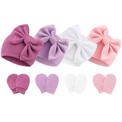 Newborn Baby Hats and Mittens Set Infant Bow Beanie Cap Toddler Gloves Newborn Hospital Hats for Baby Boy Girl 0-6 Months