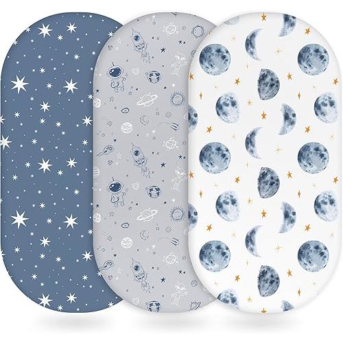 Unnivoll Baby Bassinet Sheets Girl Boy, Fitted Bassinet Sheet Set 3 Pack Bassinet Mattress Sheets Universal Fit for Rectangle, Round, Oval, Hourglass Mattress, Soft Breathable Grey & Blue Moon