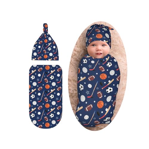 Cute Ball Print Swaddle Blanket with Beanie Set, Baseball Football Baby Stuff Blankets Newborn Sleeping Sacks for Girls Boys